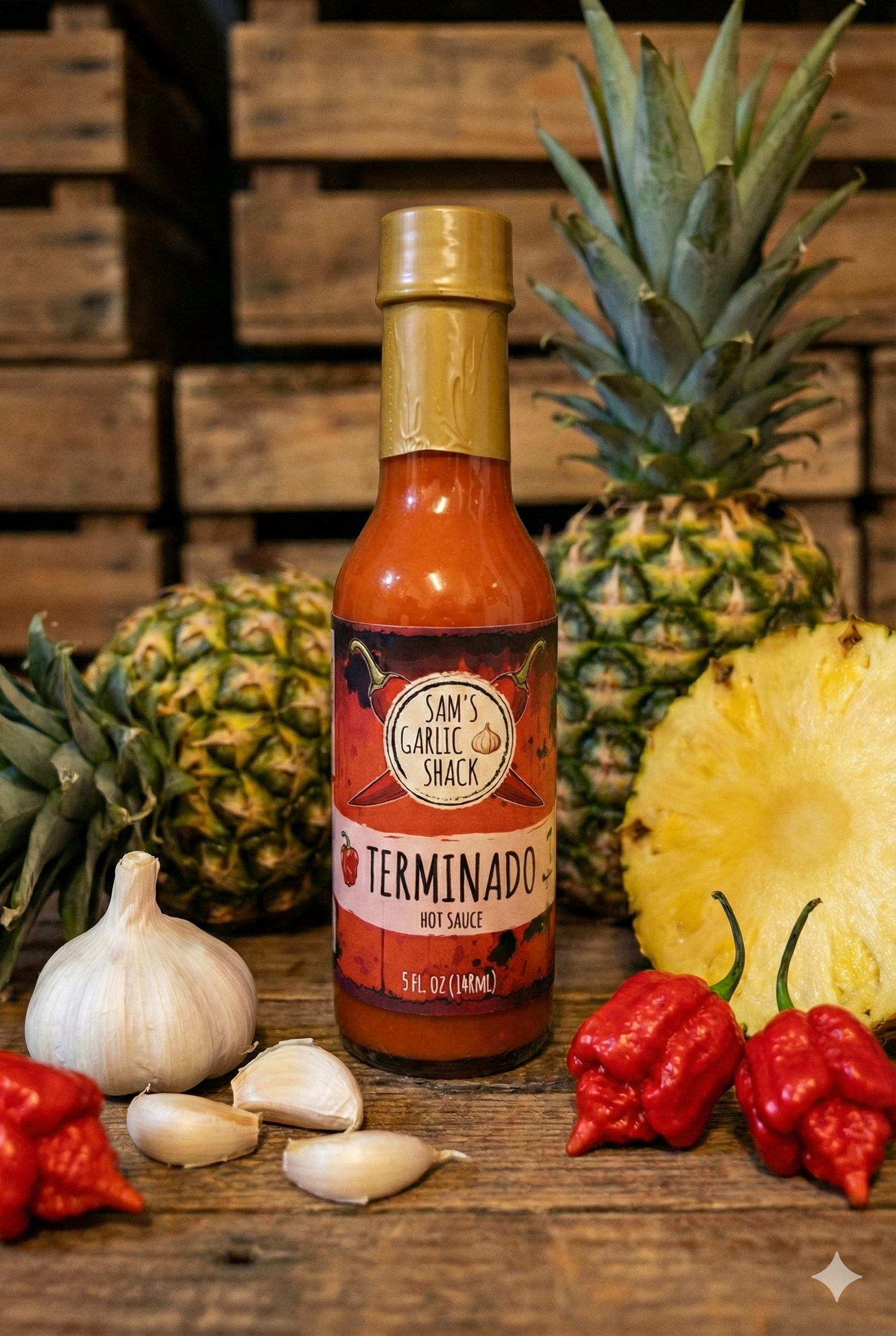 Terminado hot sauce bottle with red label, surrounded by garlic, peppers, pineapple, and wooden crates.