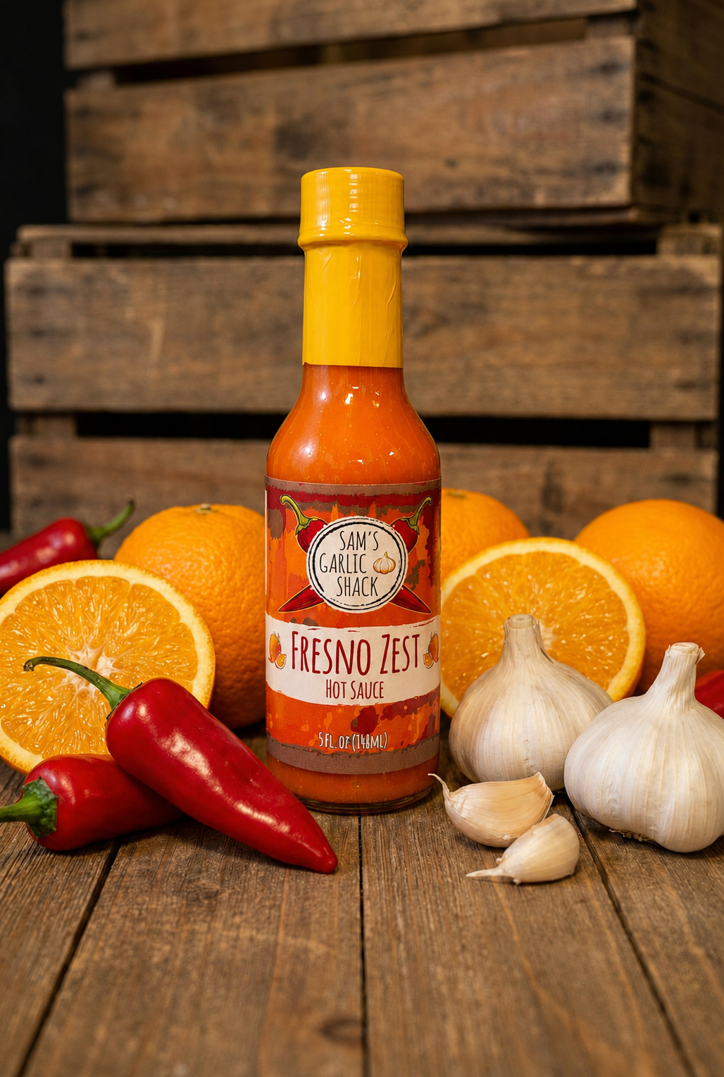 Fresno Zest hot sauce bottle with red chili peppers, garlic, and oranges on a wooden surface.