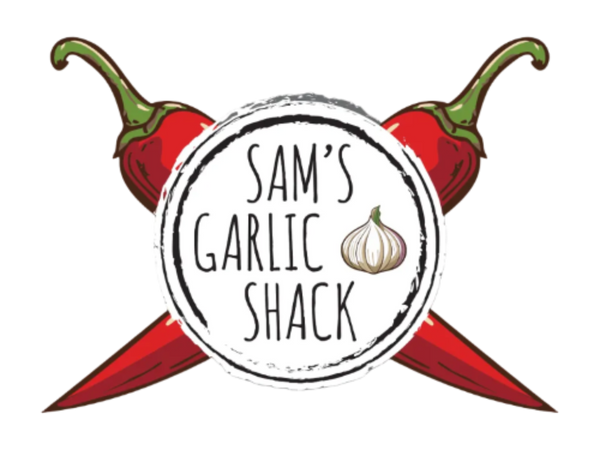 Logo of Sam's Garlic Shack with red peppers on a gray background