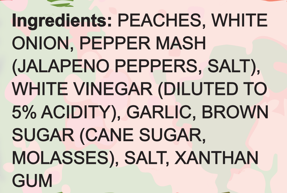 List of ingredients for a peach dish with floral background