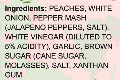 List of ingredients for a peach dish with floral background