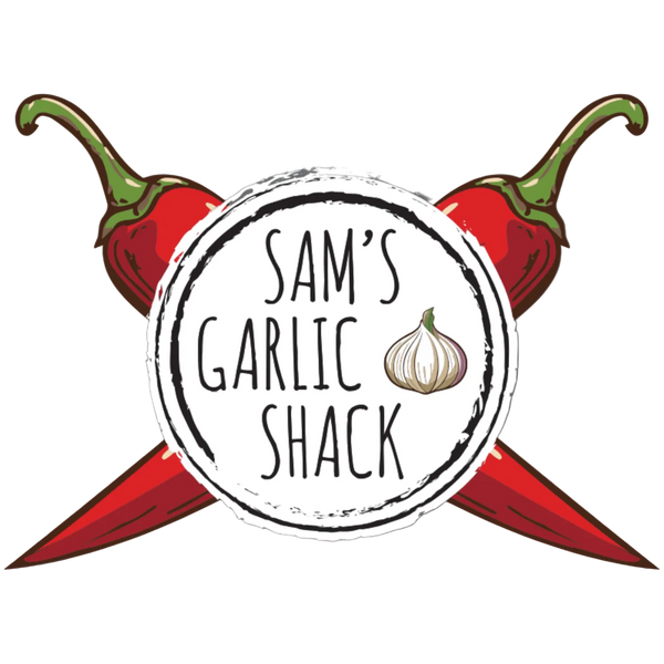 Logo of Sam's Garlic Shack with red peppers and a garlic bulb on a white background