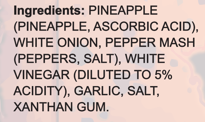 List of ingredients on a product label with a pink background